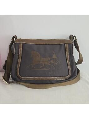 Vintage Celine Canvas Leather Trim Shoulder Bag Horse Carriage Logo Gray Brown
